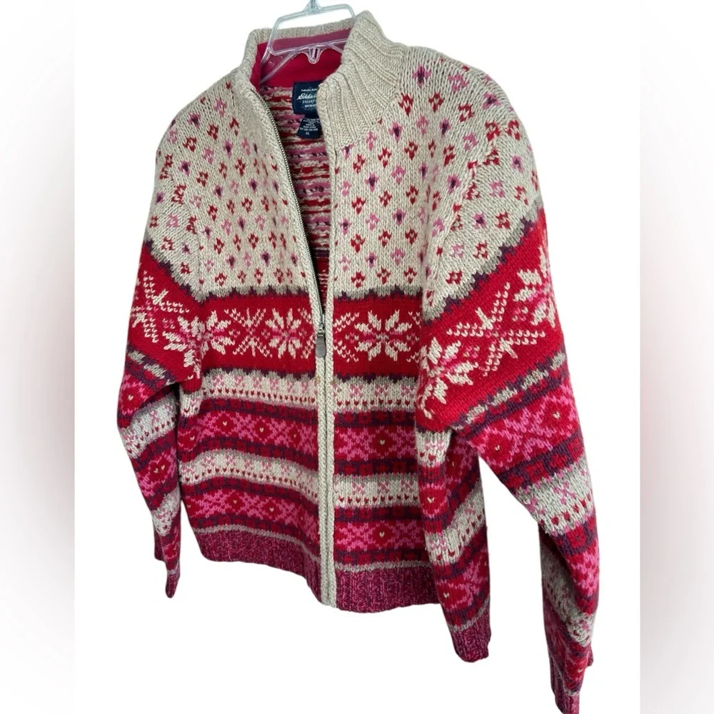Eddie Bauer Red and Cream Patterned Cardigan - Picture 4 of 13